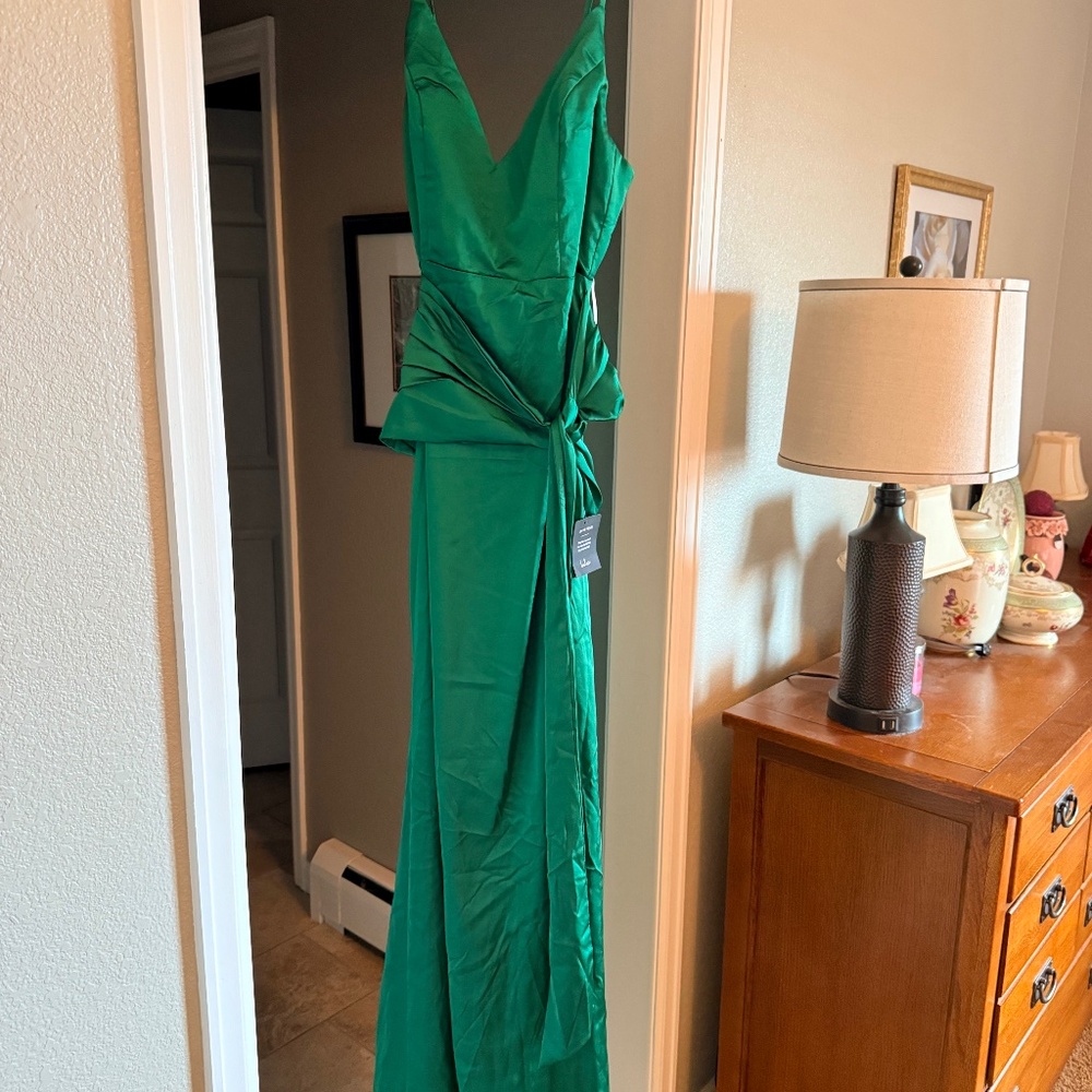 Lulu's Green Satin Dress with a train, wedding, prom, party, glamour